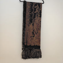 Load image into Gallery viewer, Luxurious Black and Brown Paisley-Print Reversible Cashmere Wrap Trimmed with Rex Fur

